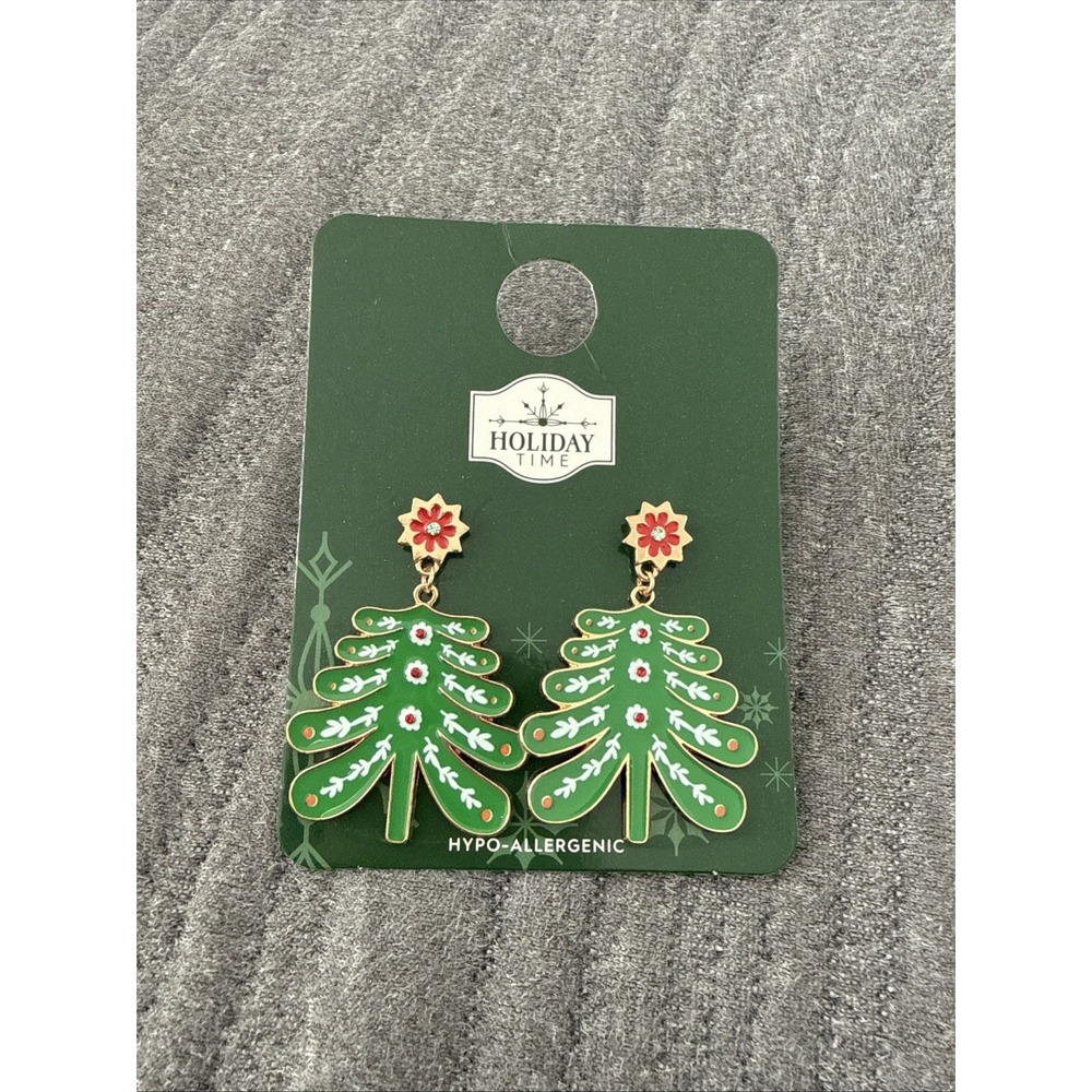 HOLIDAY TIME COLORED FLORAL GREEN CHRISTMAS TREE STUD DANGLE EARRINGS NEW